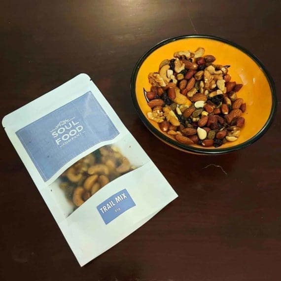 trail mix in a bowl on a table