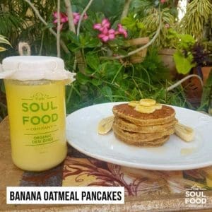 banana oatmeal pancakes made with desi ghee