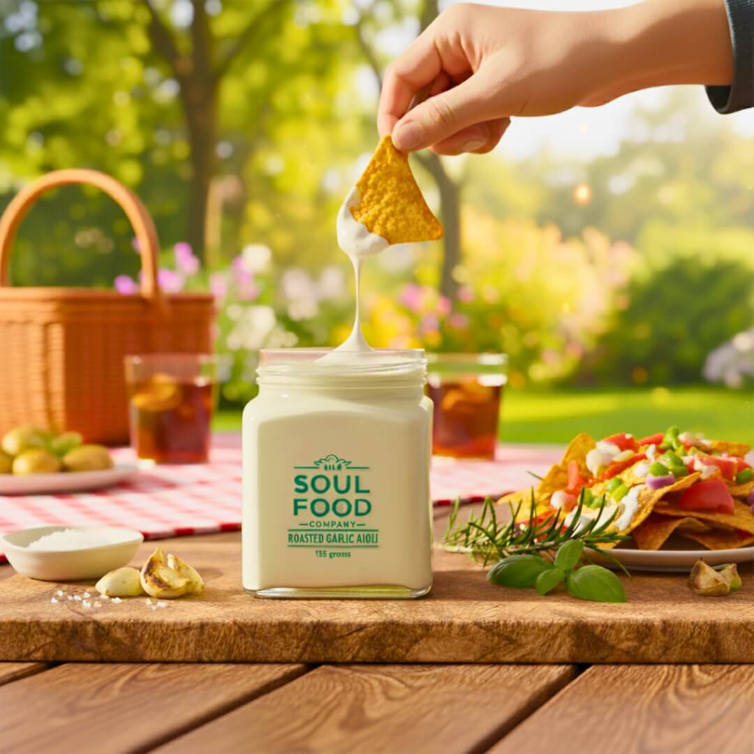 Roasted Garlic Aioli Nachos dip in picnic