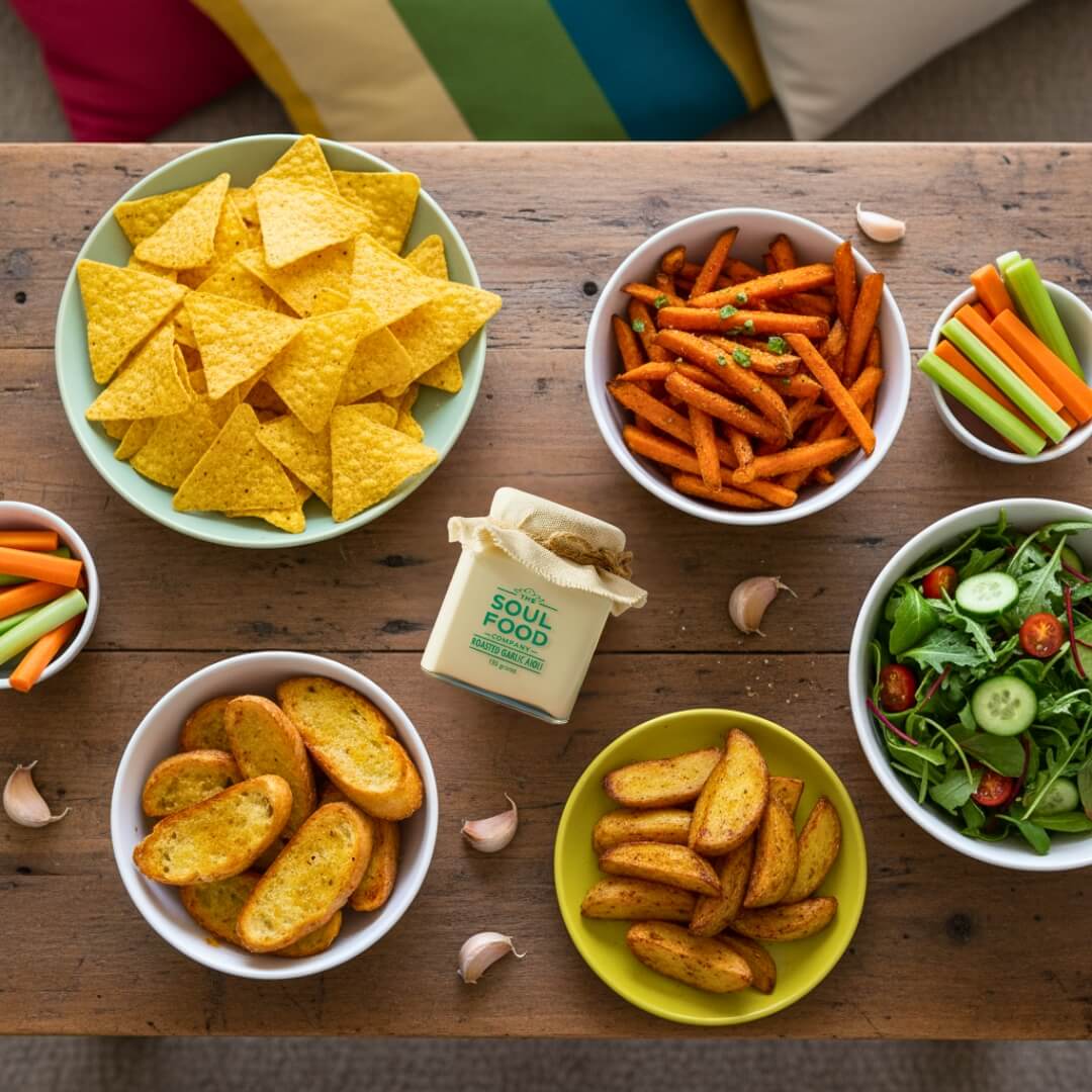 Roasted Garlic Aioli flat lay spread