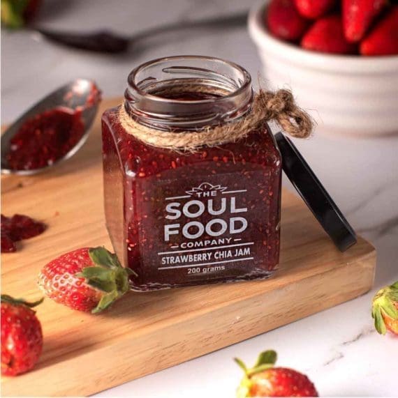 strawberry chia jam product photo open lid